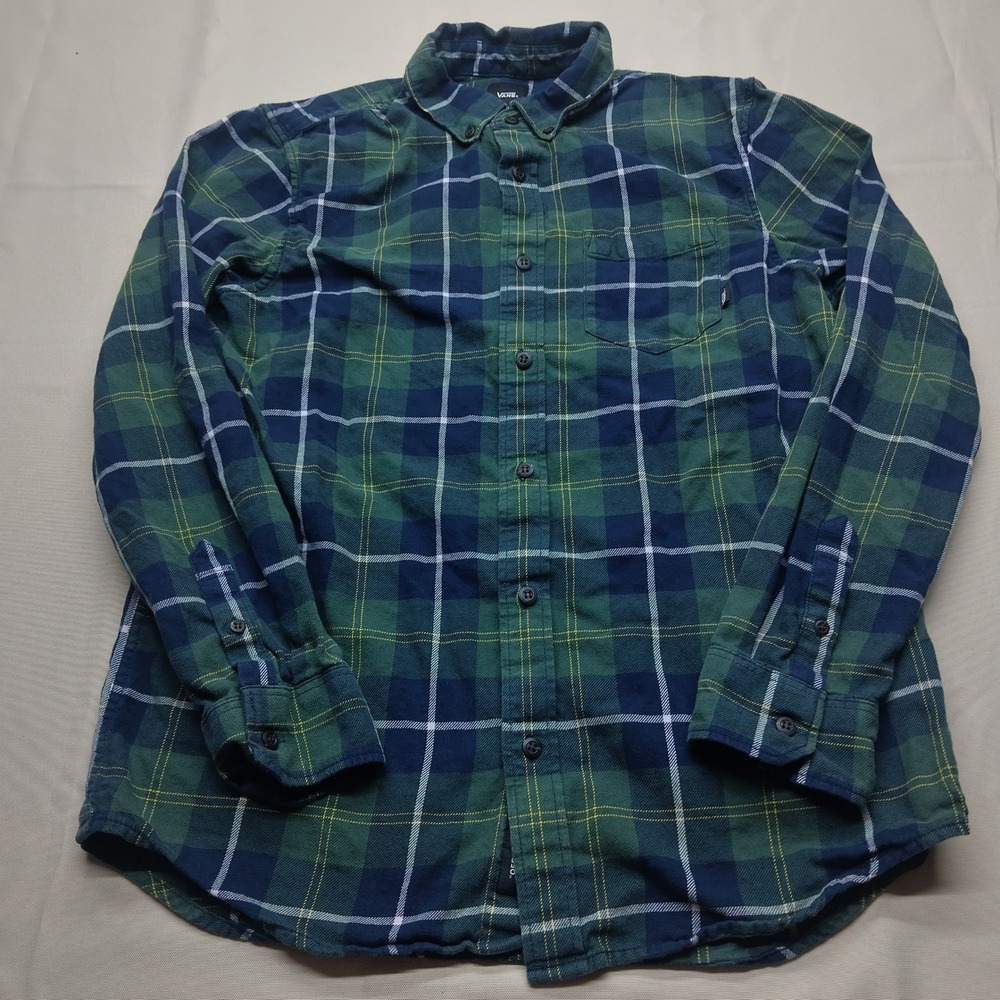 Vans Mens Classic Fit Plaid Flannel Shirt Green Blue Long Sleeve VN0A4PWHZIZ S